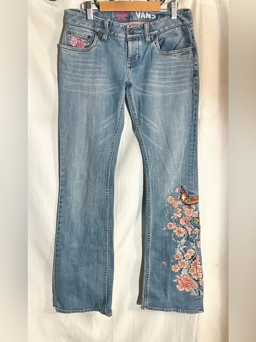 Vans Embroidered Low Rise Flare Jeans Sz 5 Butterflies Hippie Festival 90s Y2K
